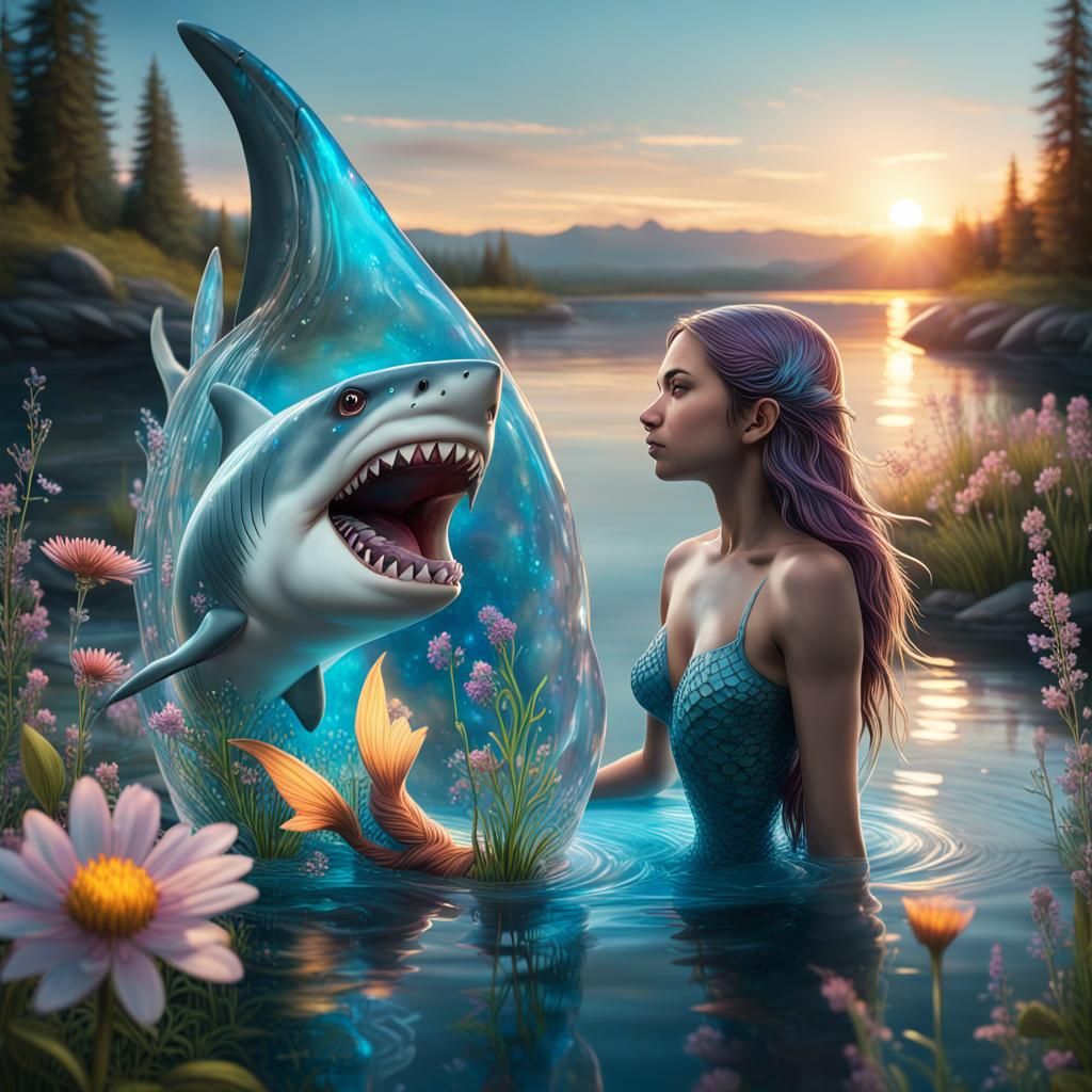 Bioluminescent Mermaid and Glass Shark Riverscape