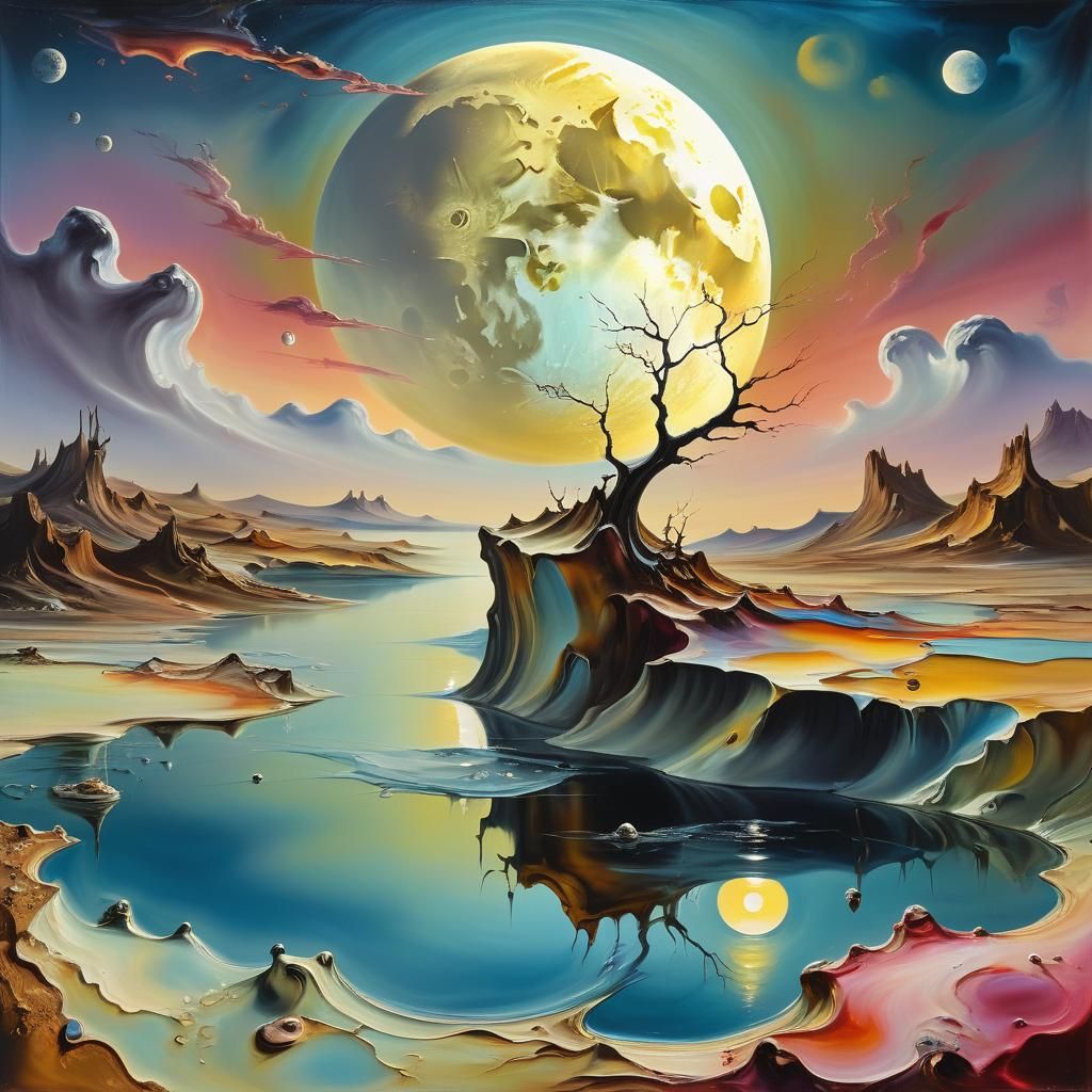Surreal Moon in Dreamscape Oil Painting