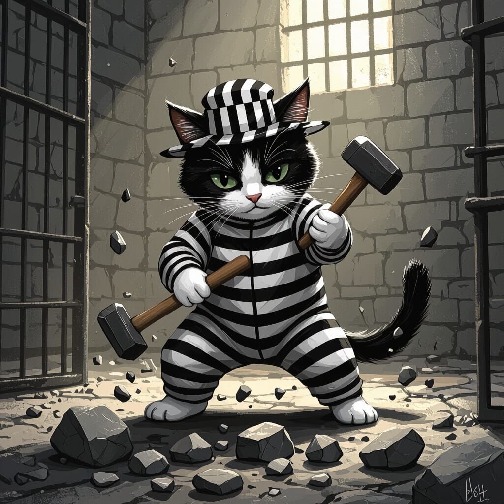 Noir Tuxedo Cat Jailbird Smashing Rocks