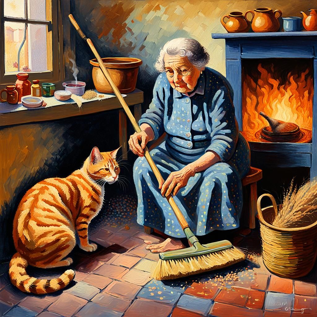Impressionist Painting of Old Lady and Cat by Hearth