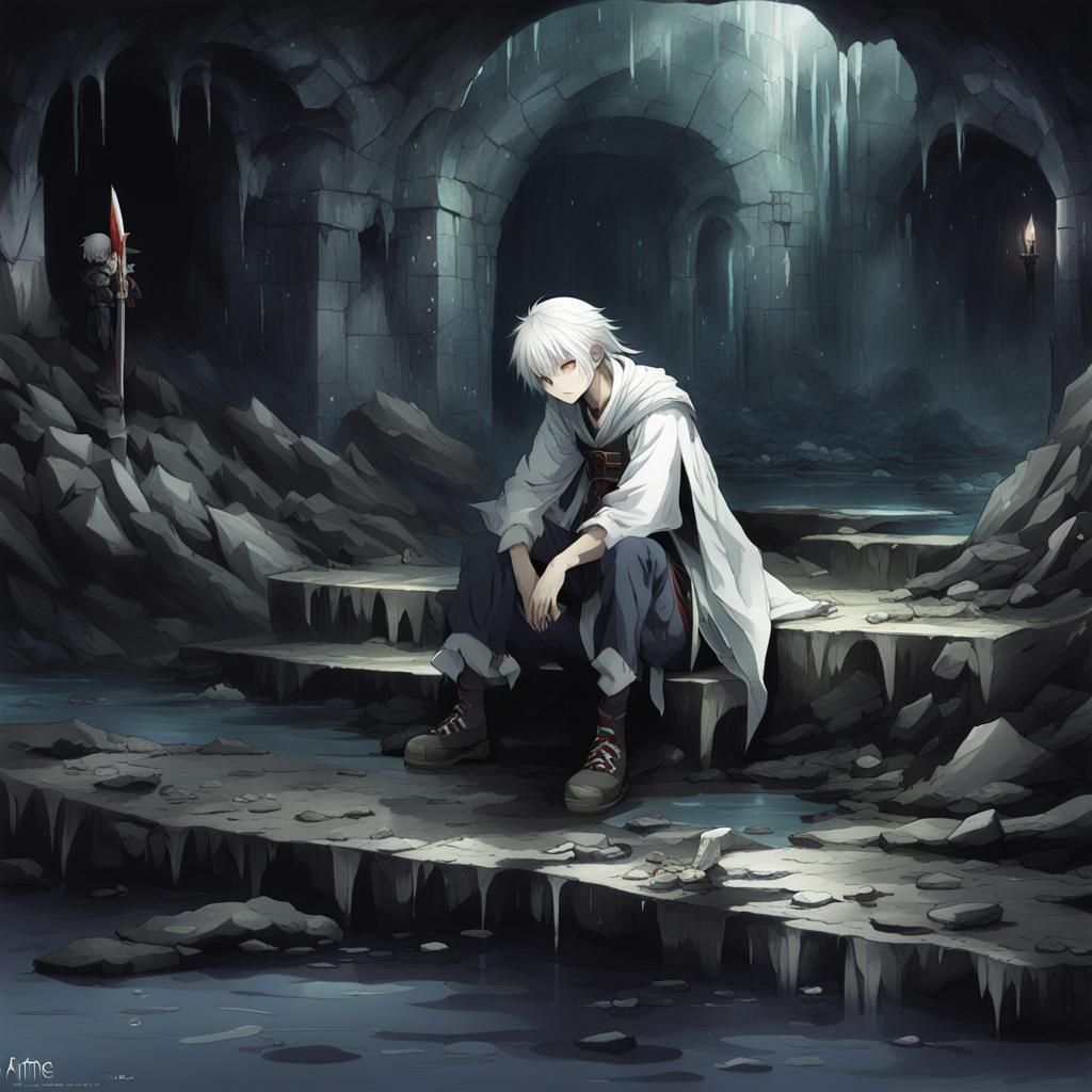 Gloomy Underground Ruins with Elven Child: Anime Style