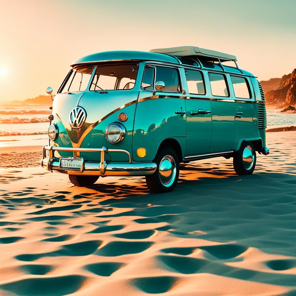 Retro-Futuristic VW Van on Beach at Sunset