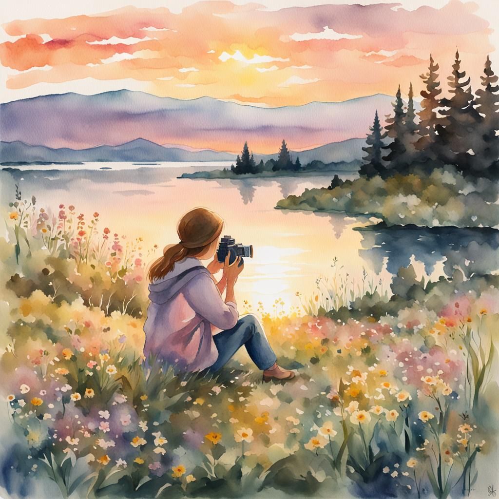 Girl Captures Sunset in Watercolor Painting