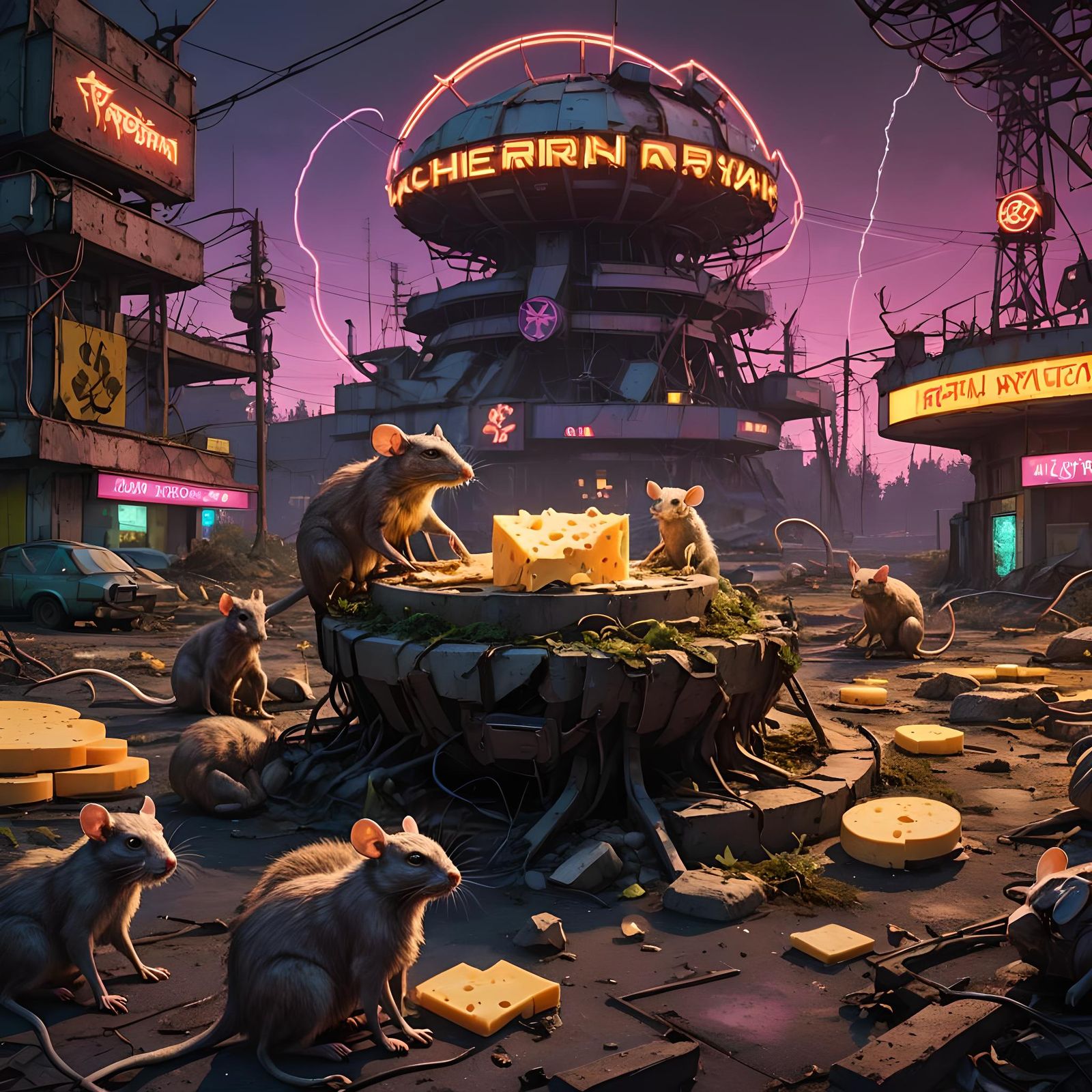 Cyberpunk Mutant Rats Devouring Irradiated Cheese
