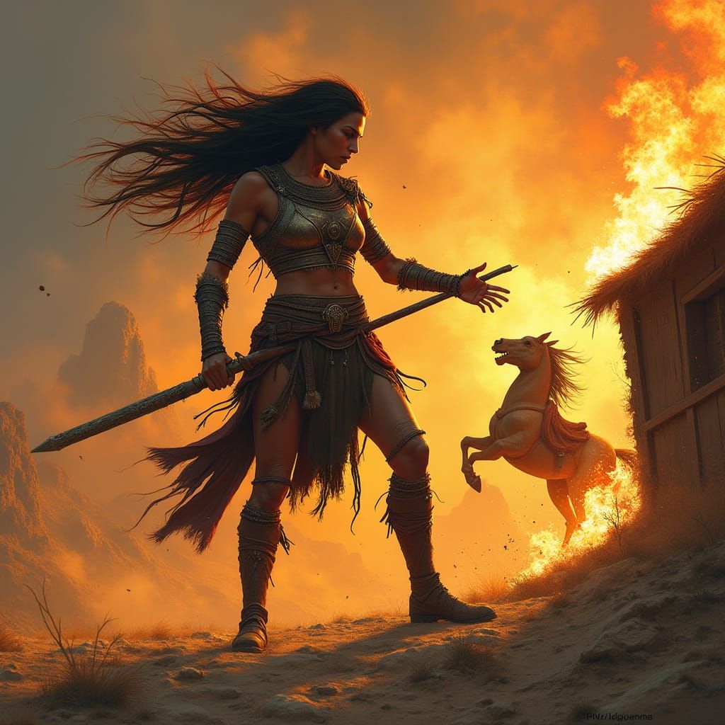 Fearless Female Warrior Confronts Flames, Calming Rebellious...