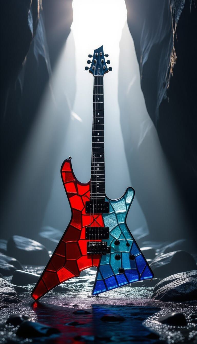 Ruby and Cobalt Sea Glass Flying V Guitar in Canyon