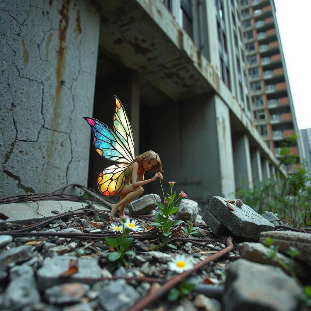 Luminous Fairy Nurturing Flowers in Abandoned Cityscape