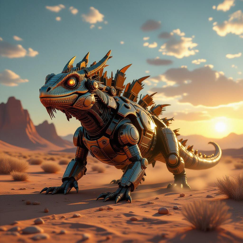 Steampunk Robot Lizard Strides Across Clockwork Desert