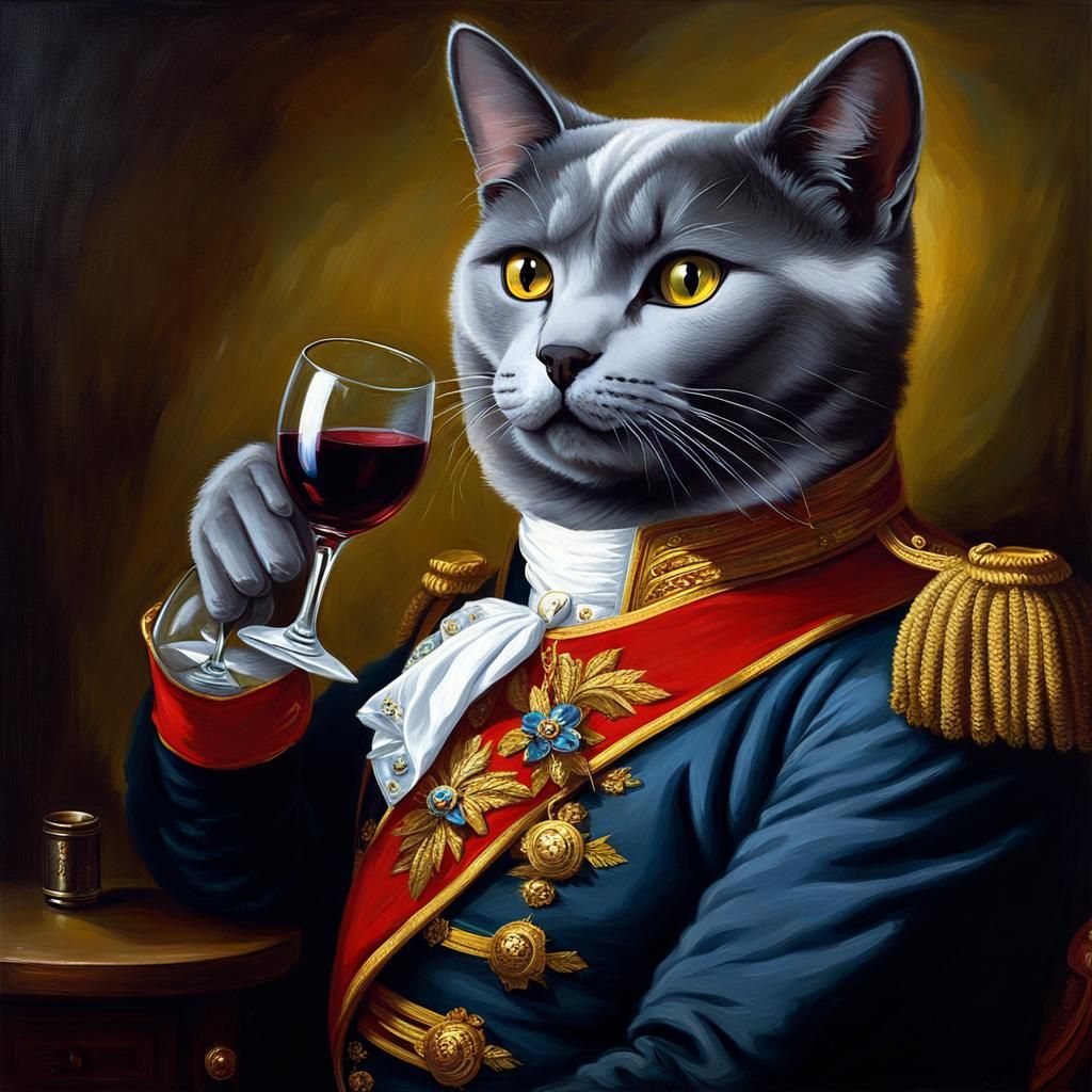 Russian Blue Cat as Napoleon in Oil Painting