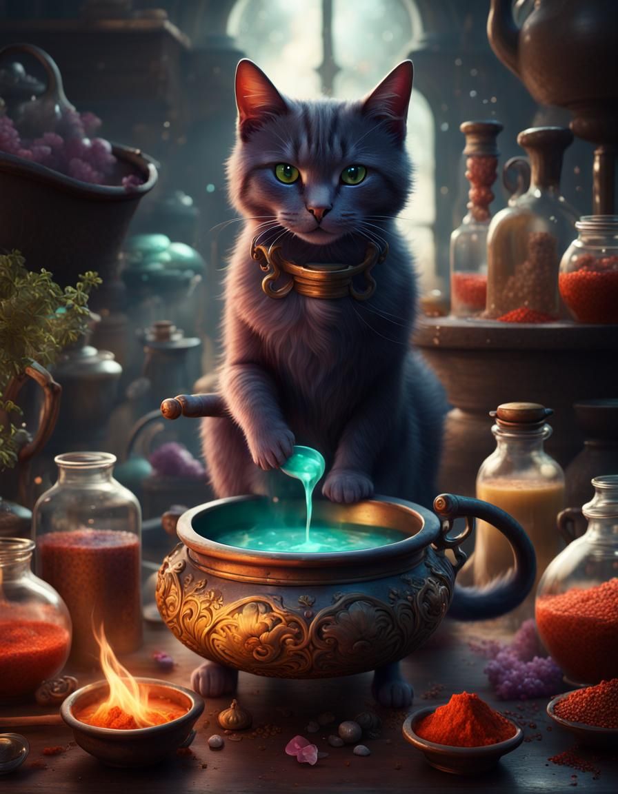 Cat Brews Potion in Fantasy Concept Art
