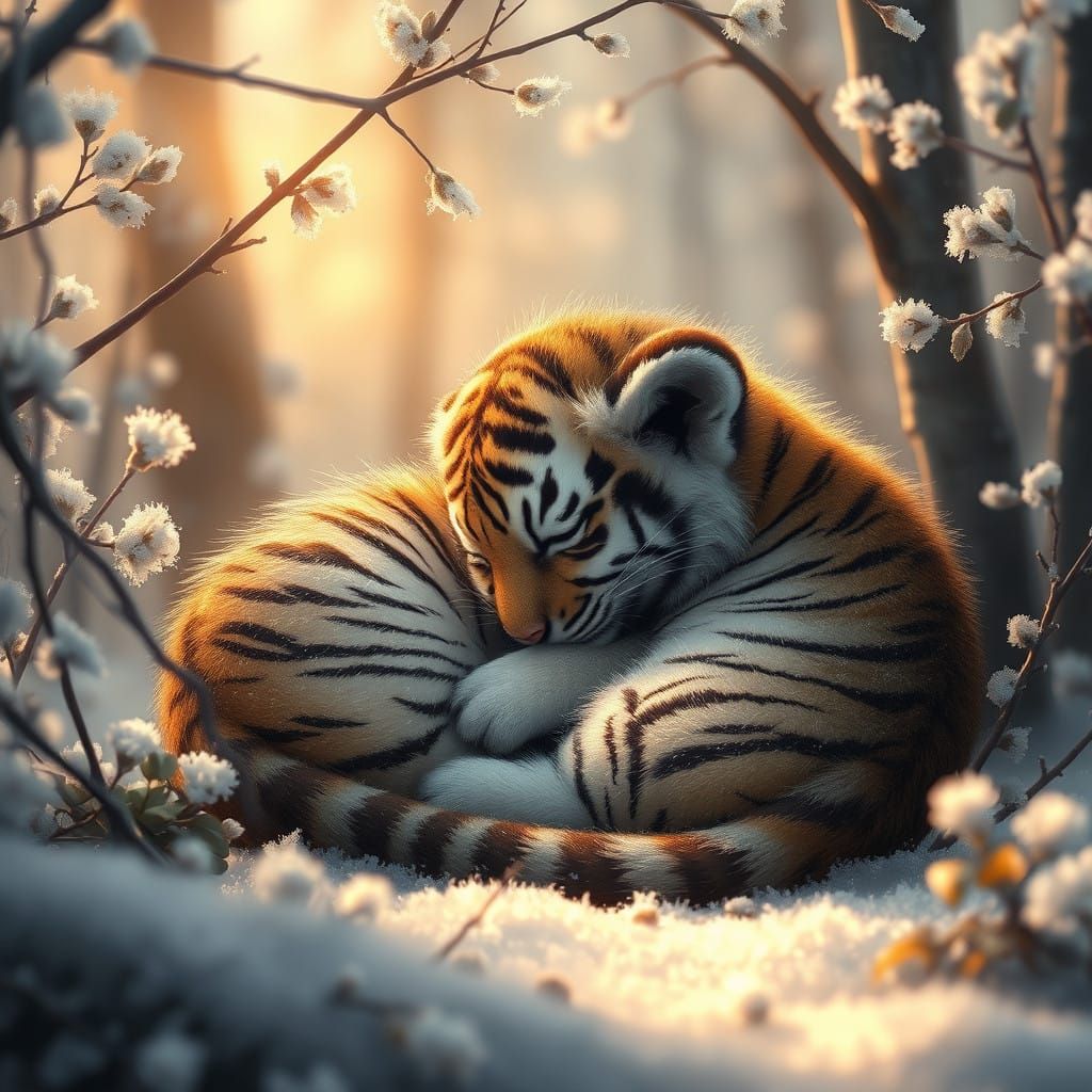 Surreal Tiger Cub in Serene Winter Wonderland