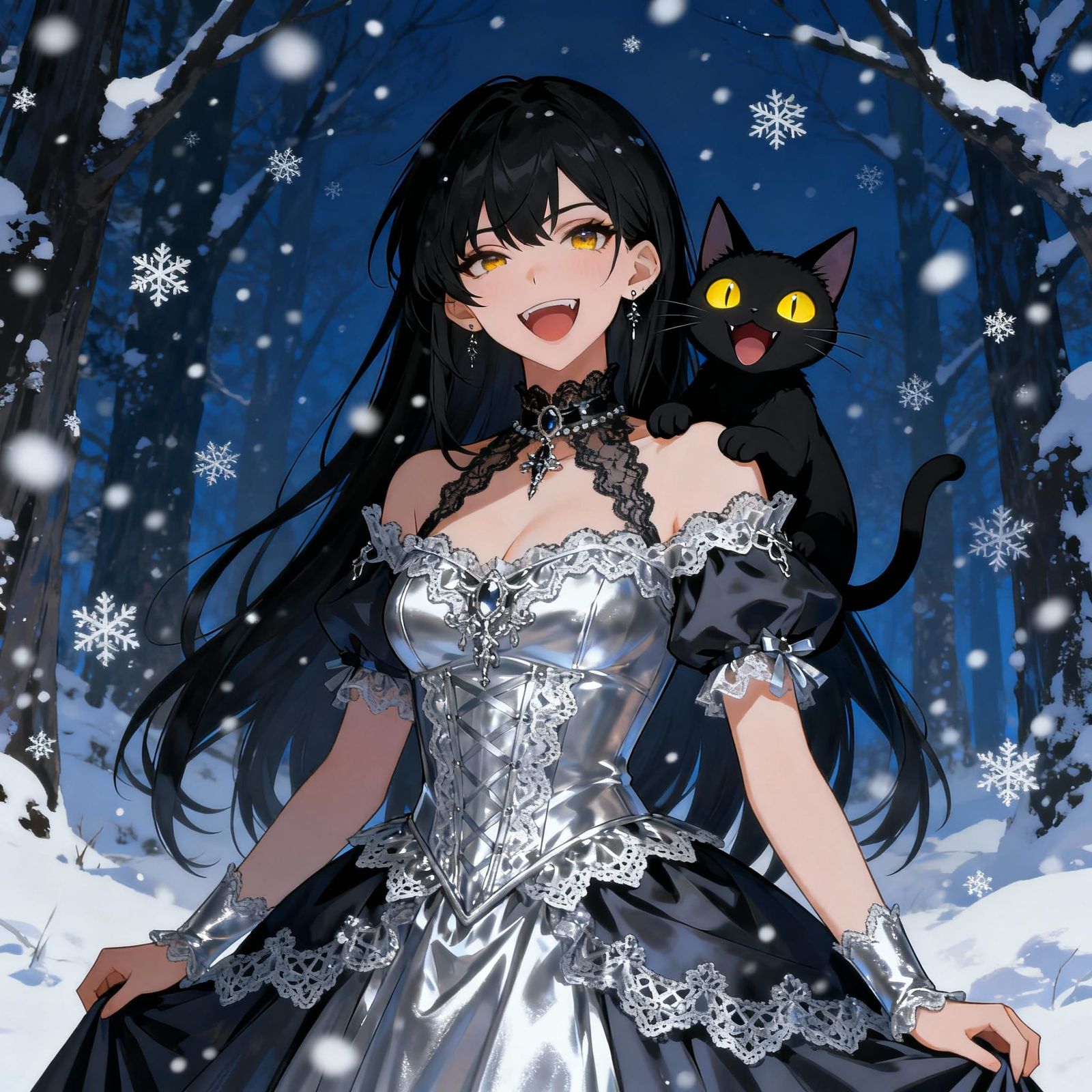 Gothic Princess and Black Cat in Snowy Forest