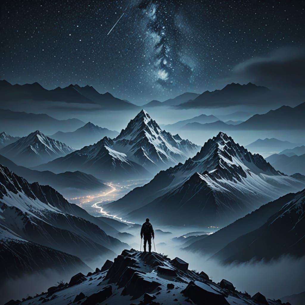 Misty Mountain Peak at Night in Cinematic Style
