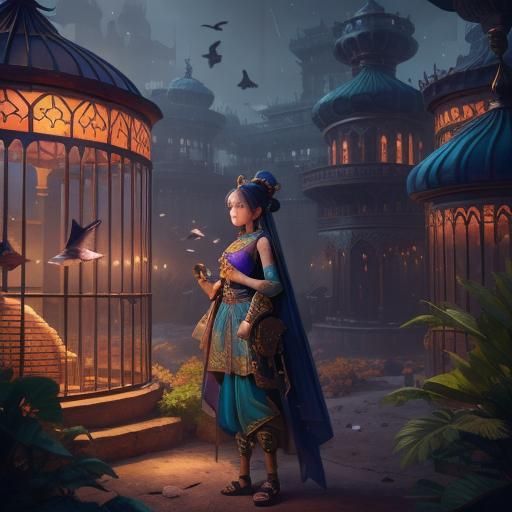 Captive Genie Girl in Fantasy Aviary