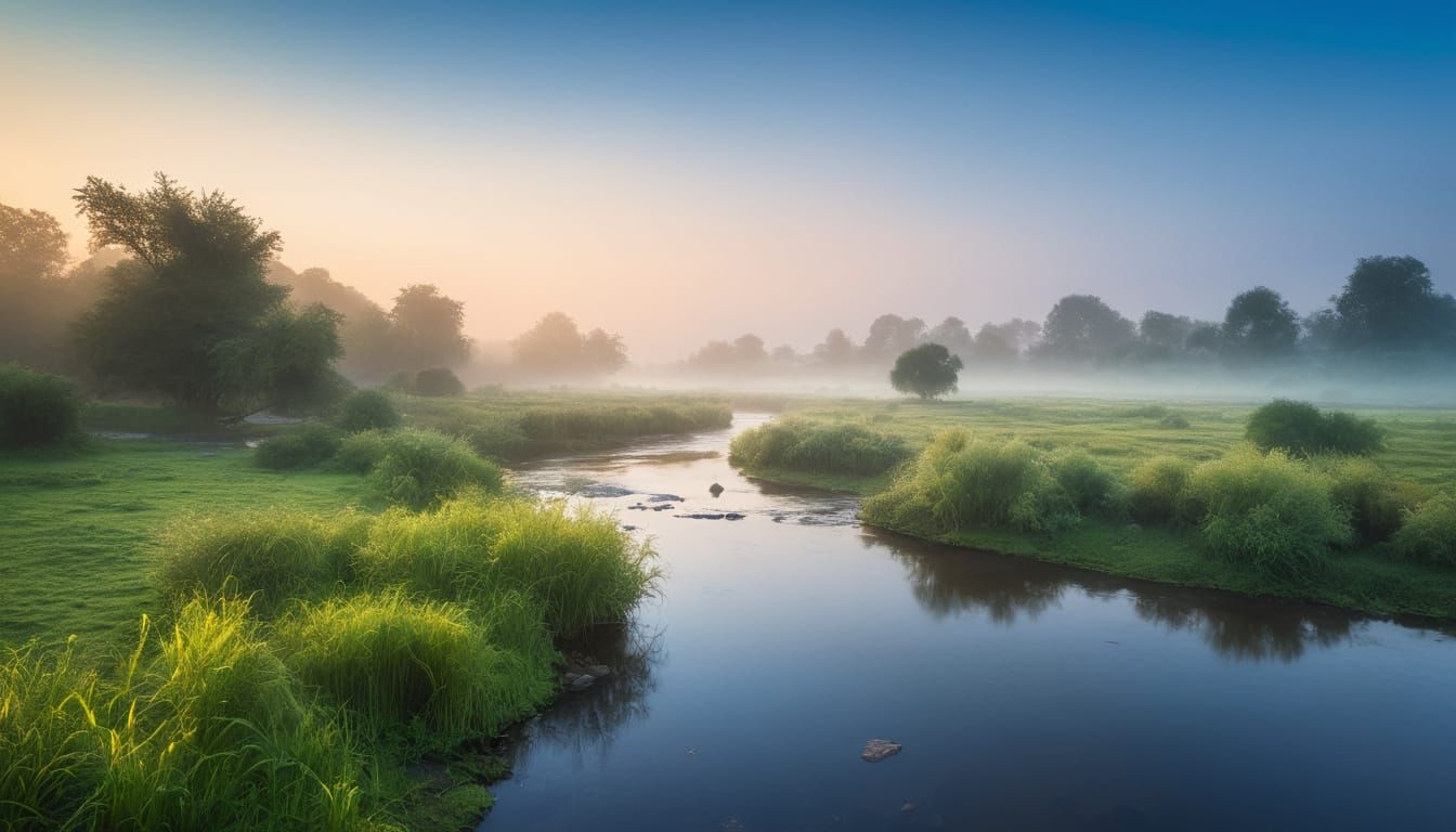 Serene River Landscape at Daybreak: Golden Hour Photography