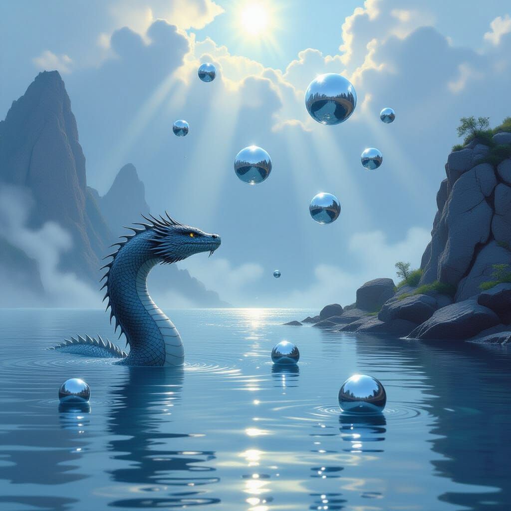 Sea Serpent Gazing at Silver Spheres in Ethereal Style