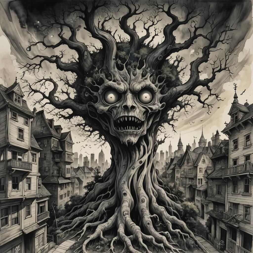 Ethereal Cityscape Adorned with a Twisted Tree