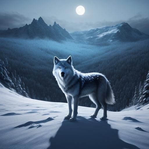 Wolf on Snowy Peak Under Moonlight