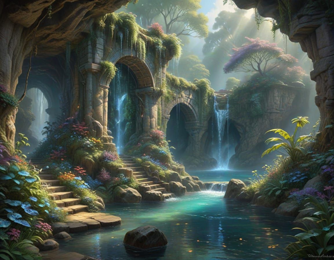 Mystical Grotto with Crystal Water and Waterfall