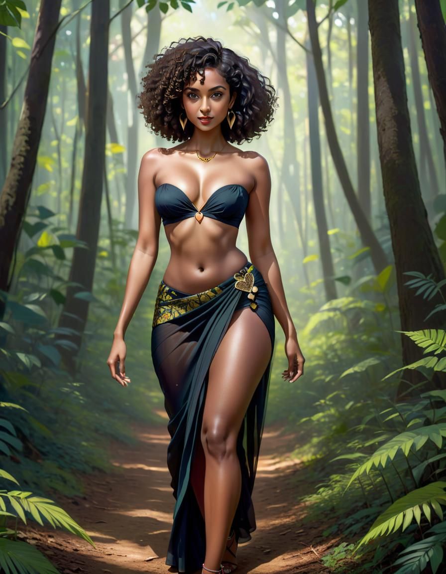 Woman in Saree Walking in Forest Clearing