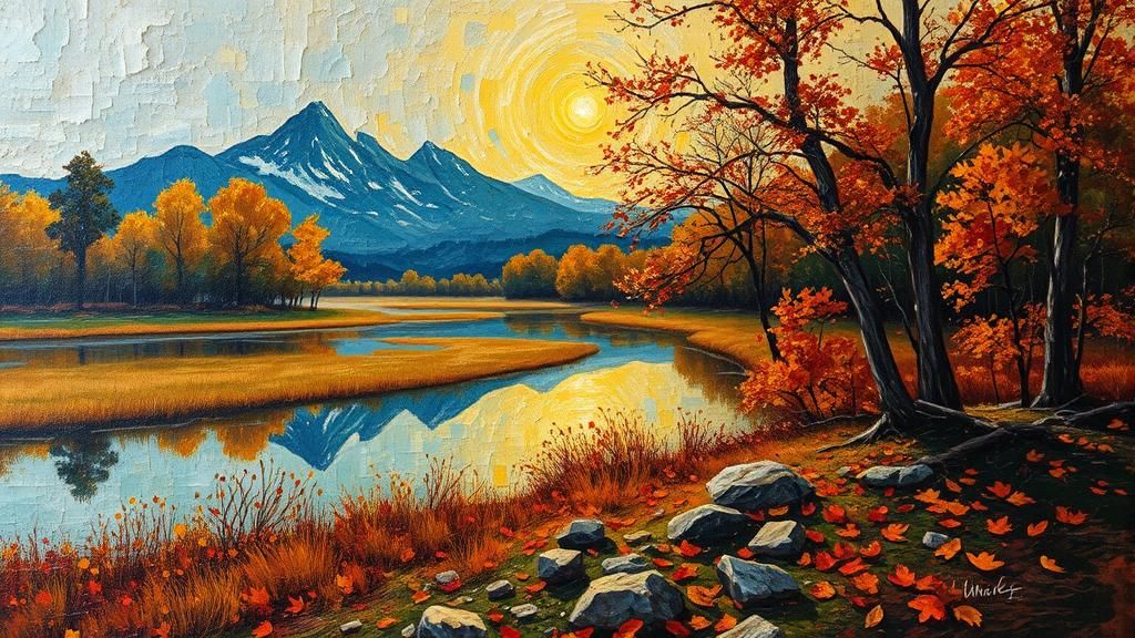 Autumn Lake Landscape in Encaustic Style