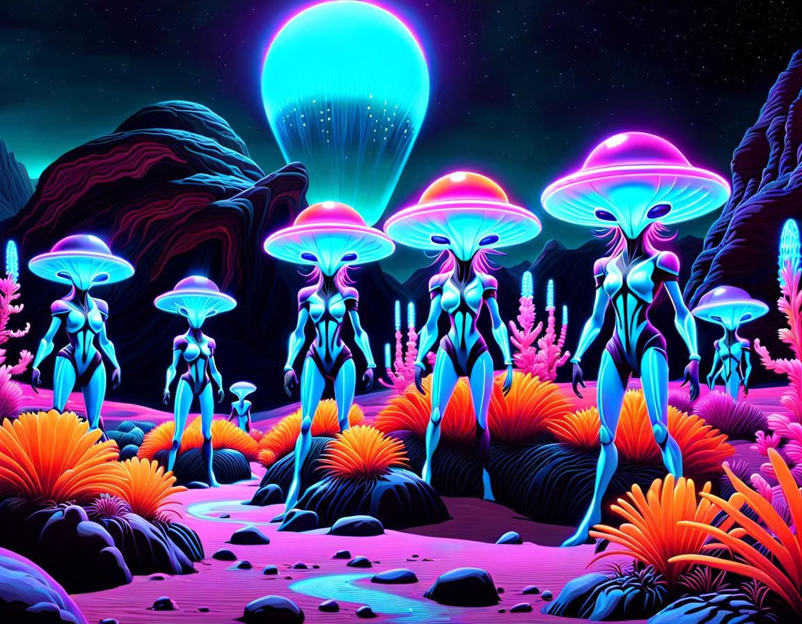 Bioluminescent Aliens on a Vibrant Planet in Hyperrealism