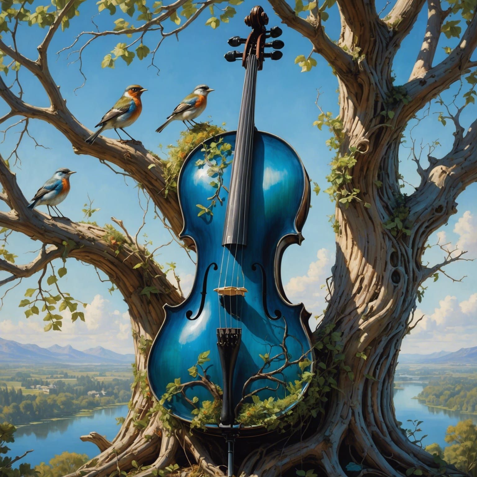 Cello and Tree Double Exposure: Oil Painting