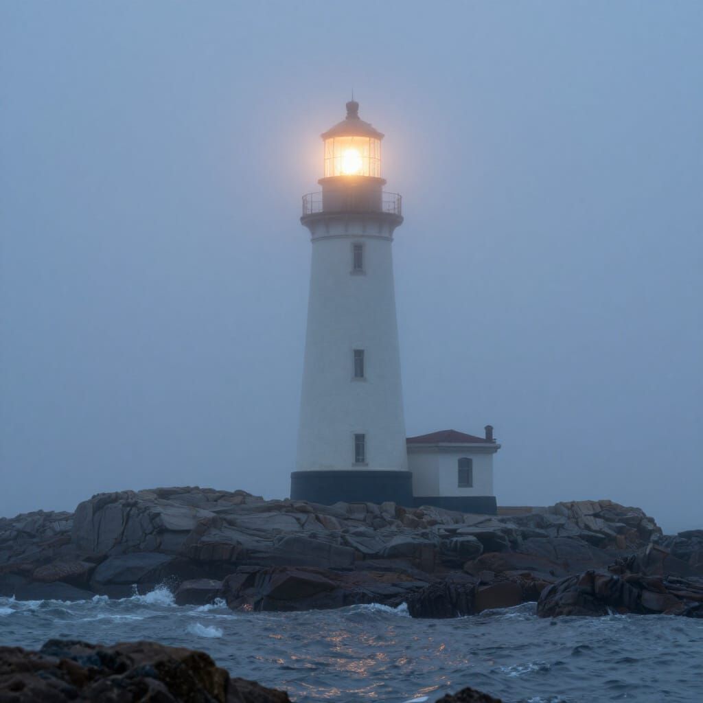 Ancient Lighthouse in Misty Dawn Light