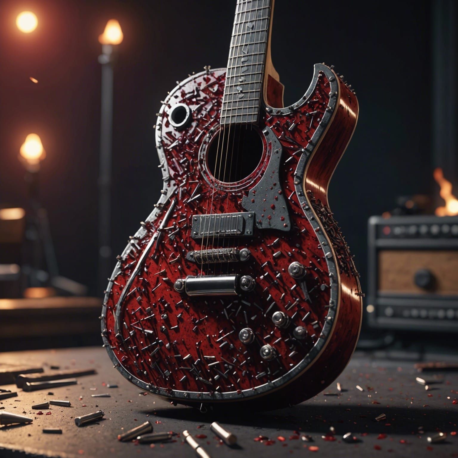 Guitar with Nails and Blood: 3D Cinematic Render