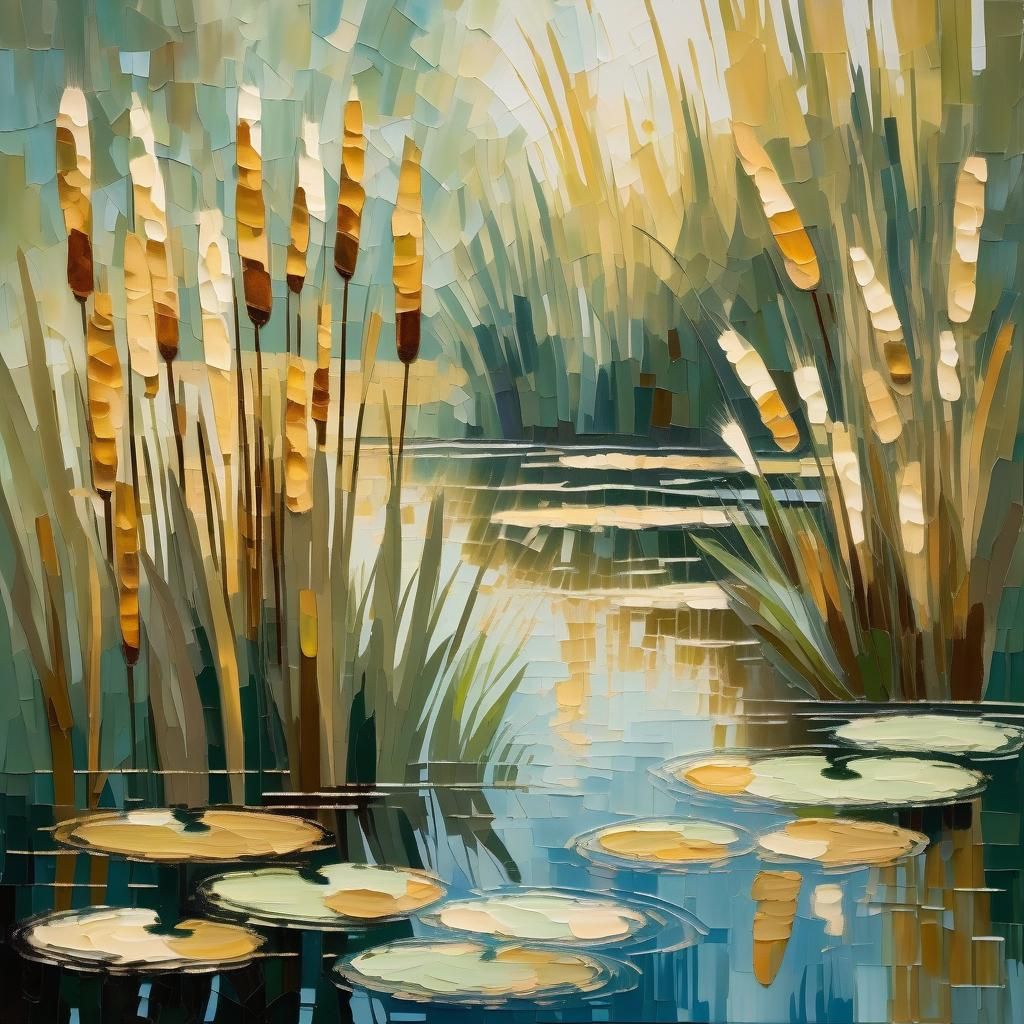 Cattails in Lily Pond: Impasto Painting