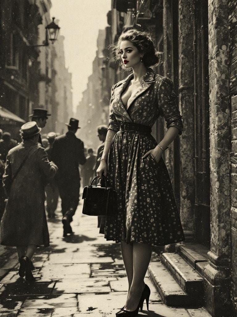 1950s Pin-Up in Scrimshaw-Style City Scene