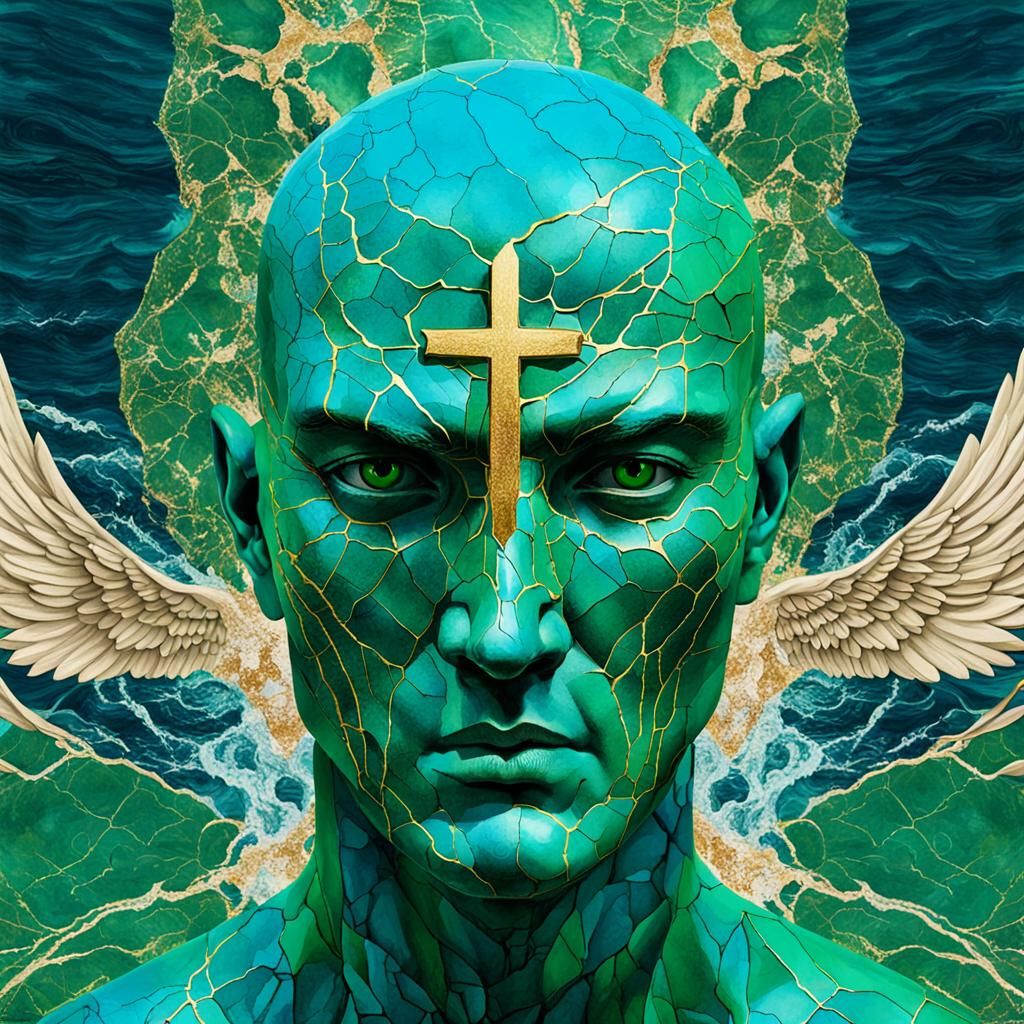 Guardian Angel Knight Face in Surreal Kintsugi Art