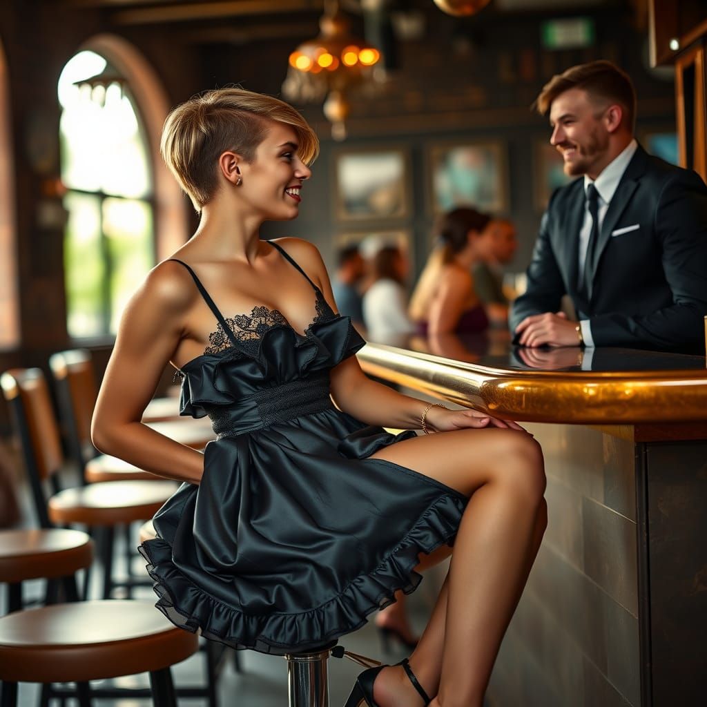 Masculine Man in Satin Dress Laughing at Bar
