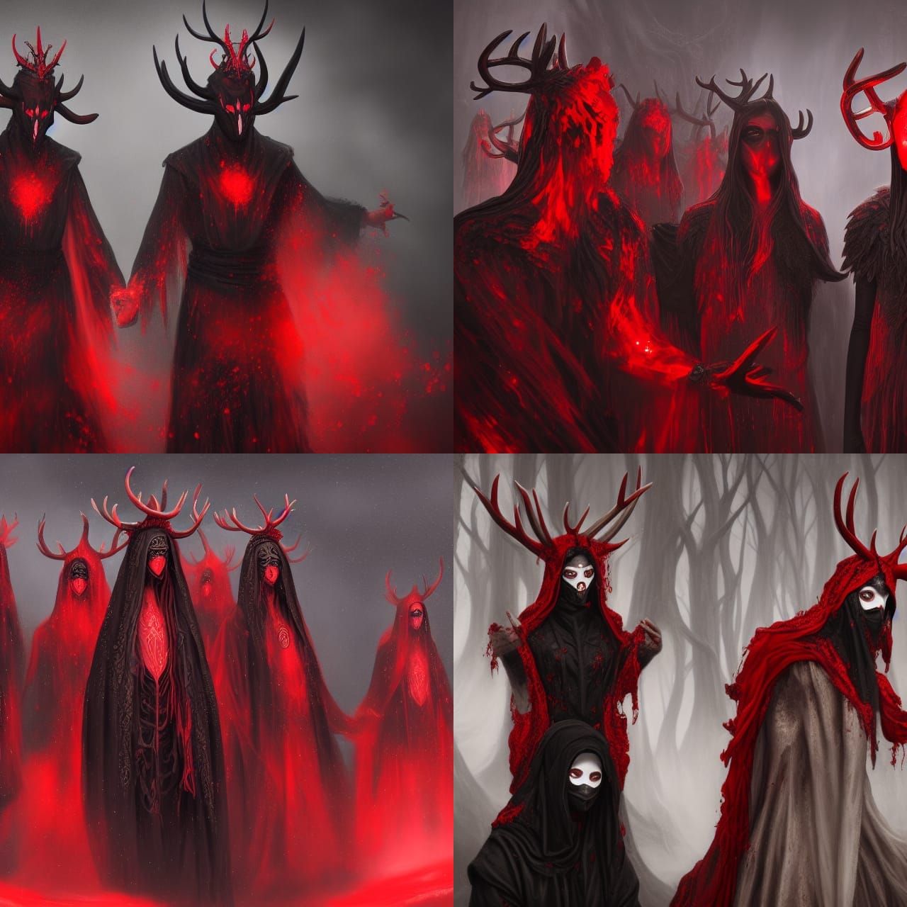 Antlered Cultists in Red and Black: Detailed Matte Painting