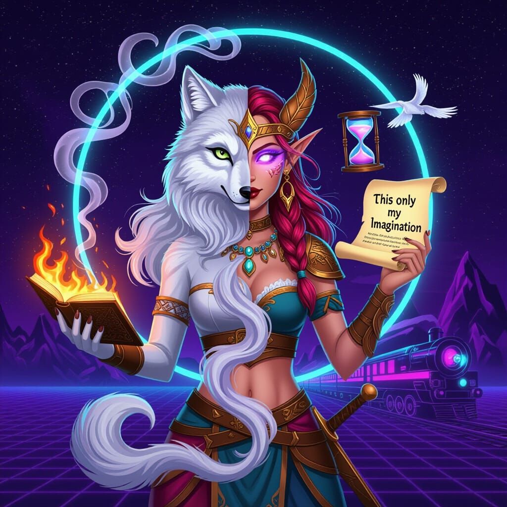 Ethereal Genie Woman with Wolf and Elf Features in Synthwave...