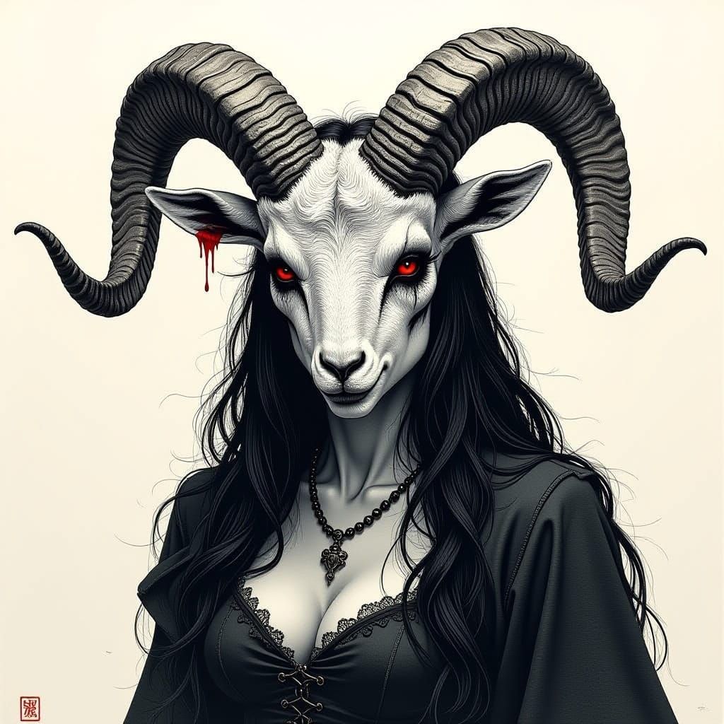 Terrifying Demon Goat Woman in Dark Etching Style