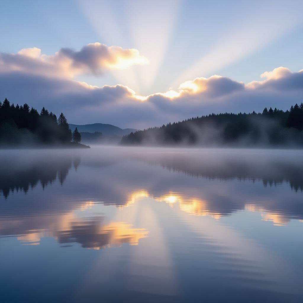 Ethereal Lake Landscape with Crepuscular Rays