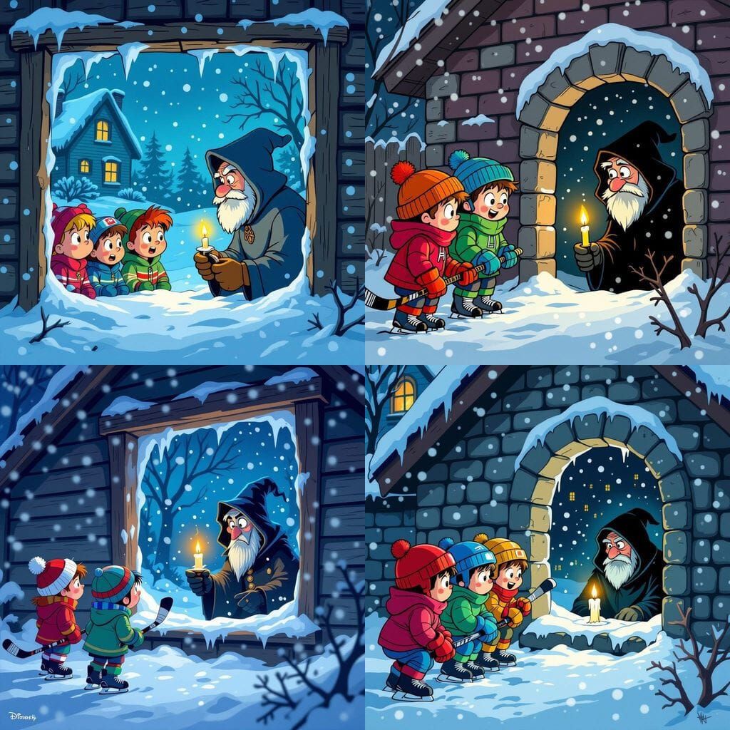 Cartoon Hockey Kids Spy on Cloaked Man with Candle