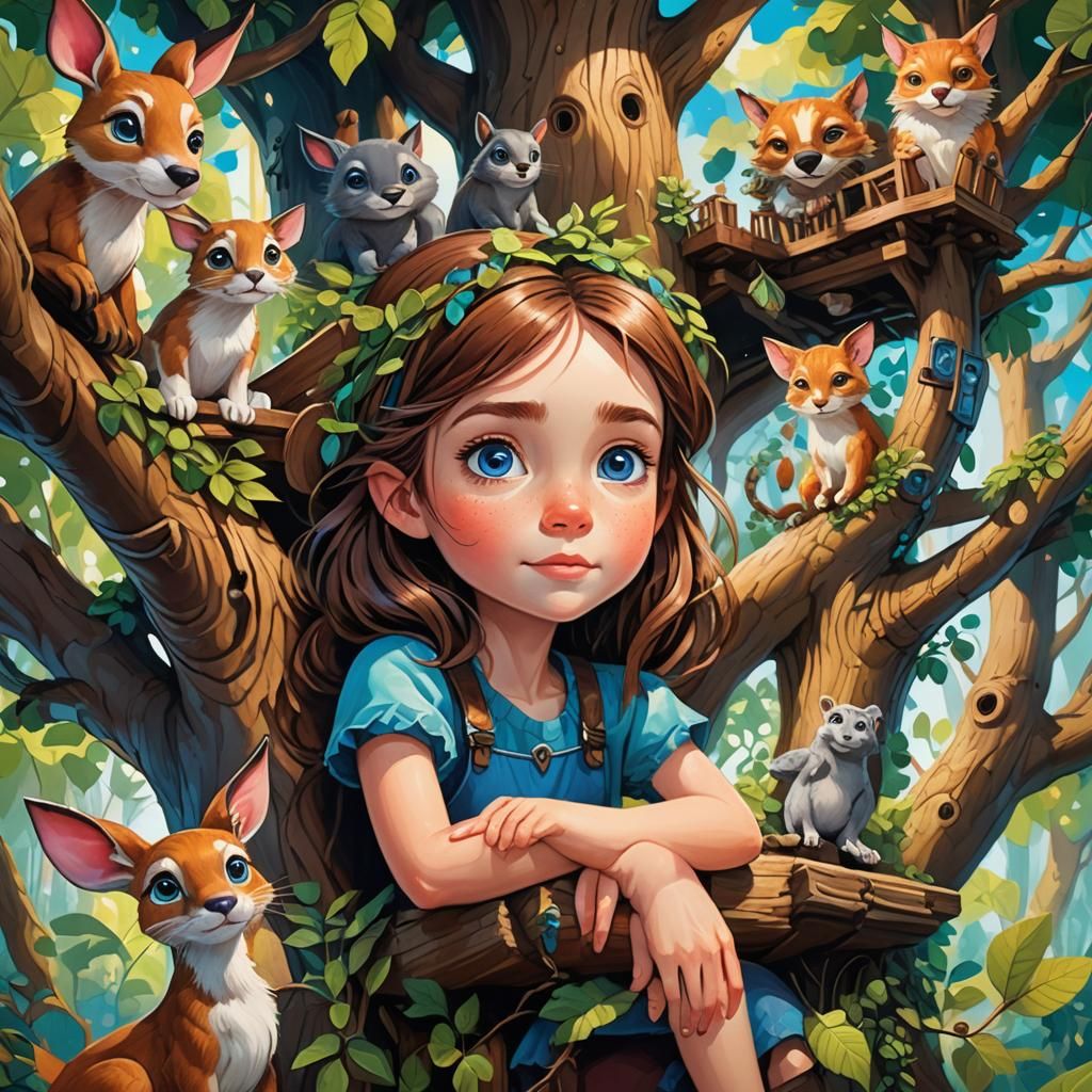 Forest Girl in Treehouse: Children's Fantasy Illustration