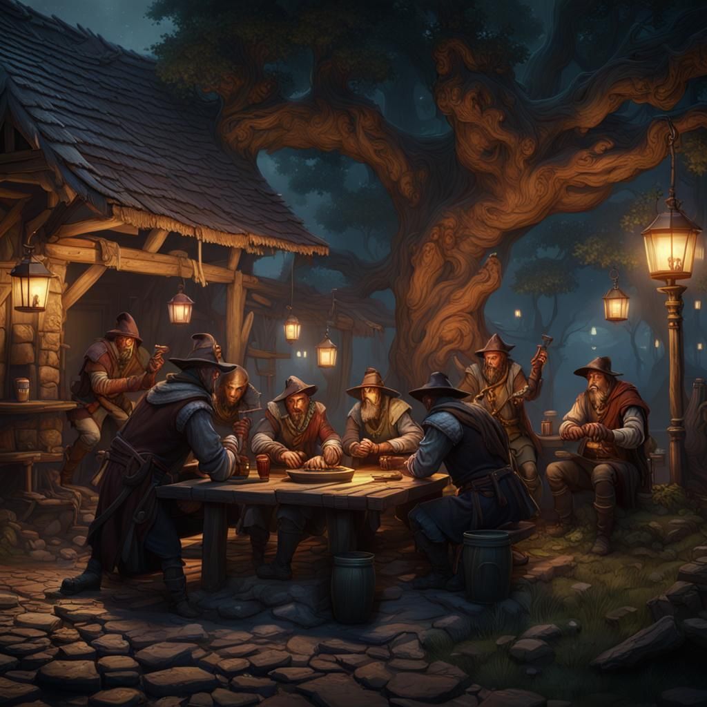 Bandits Gather Outside Tavern at Night