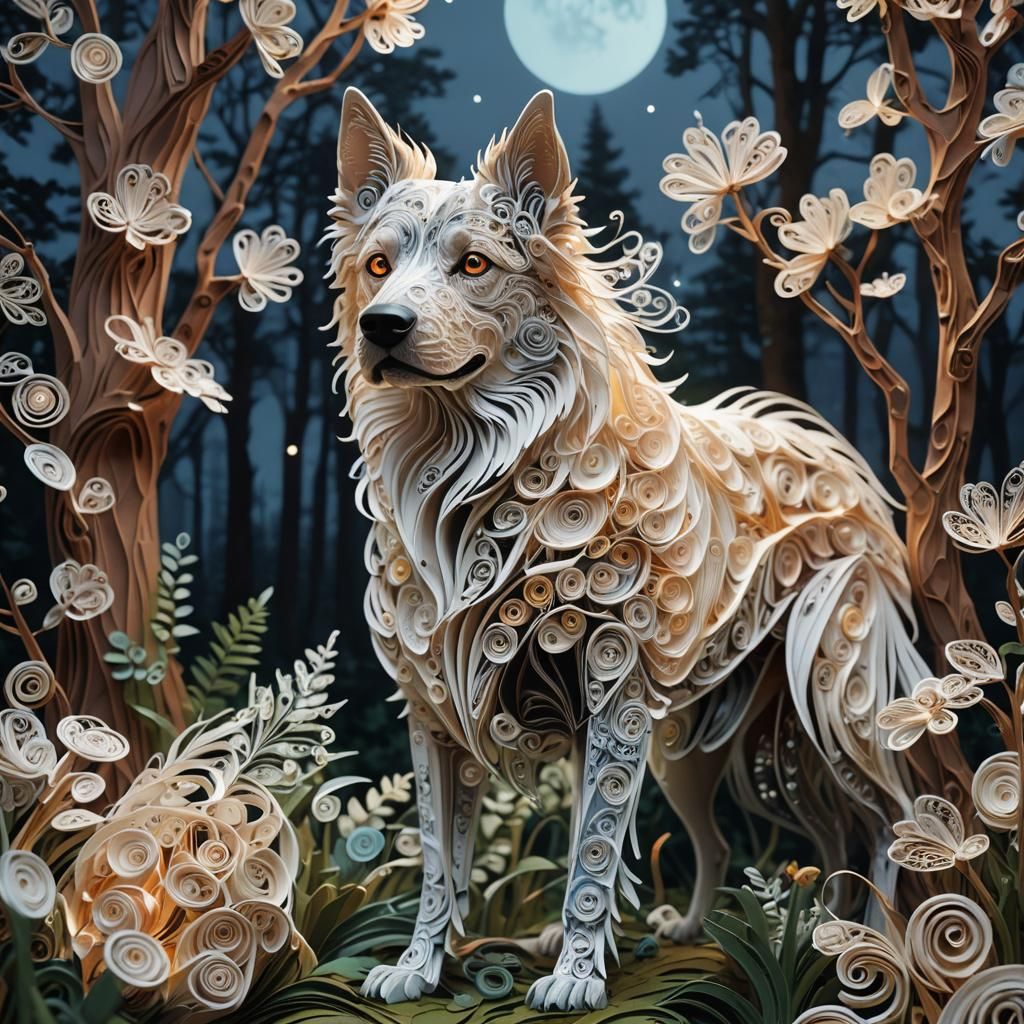 Majestic Dog Quilling in Mystical Forest: Digital Art