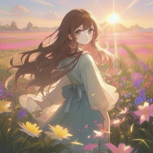 Whimsical Girl Amidst Vibrant Wildflowers