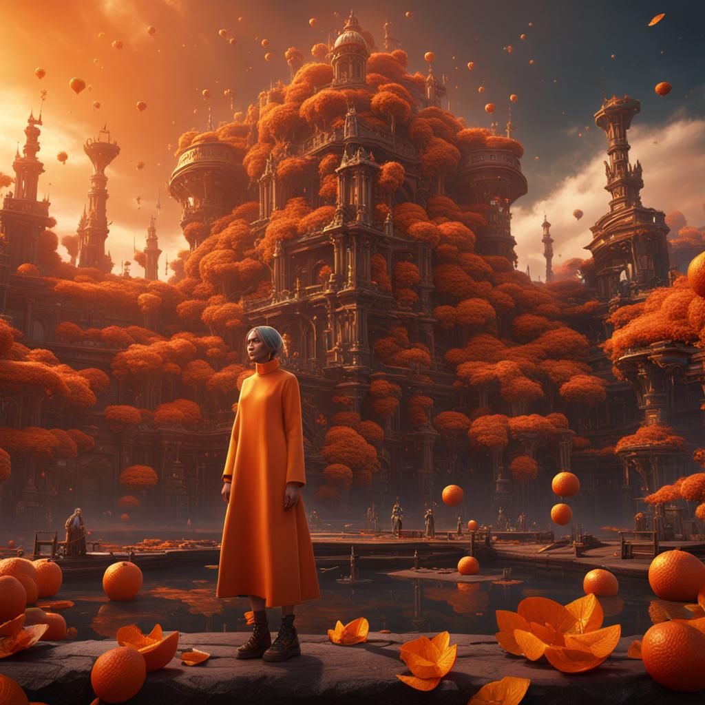 Orange Woman: Detailed Matte Painting in Deep Color