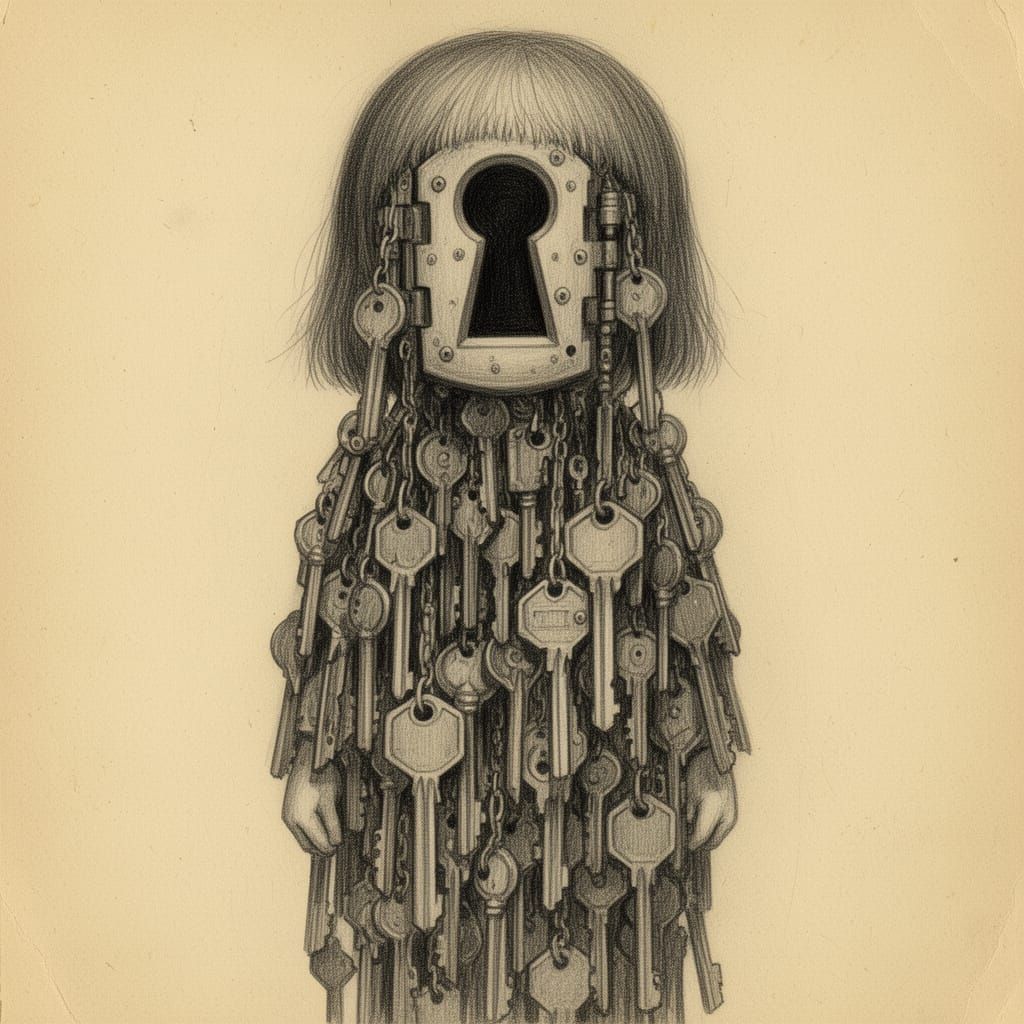 Haunting Figure of Keys and Hinges in Charcoal