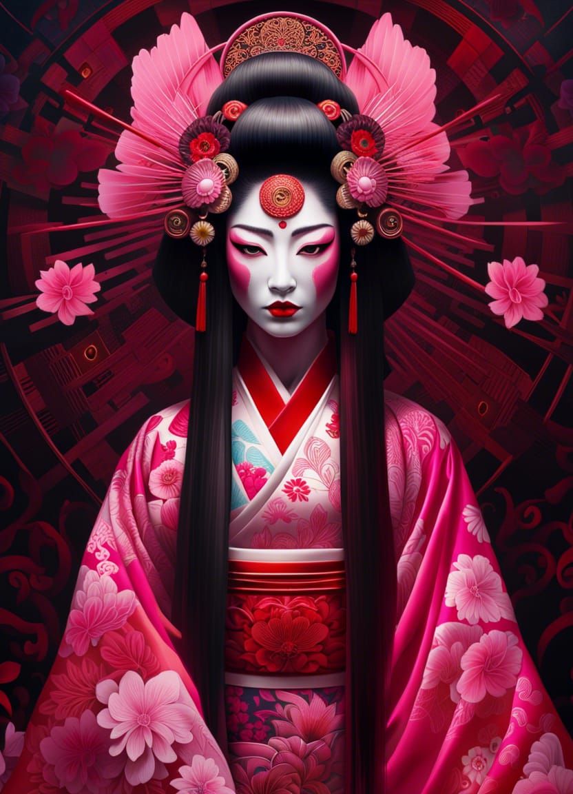 Mysterious Geisha with Mask: Digital Art