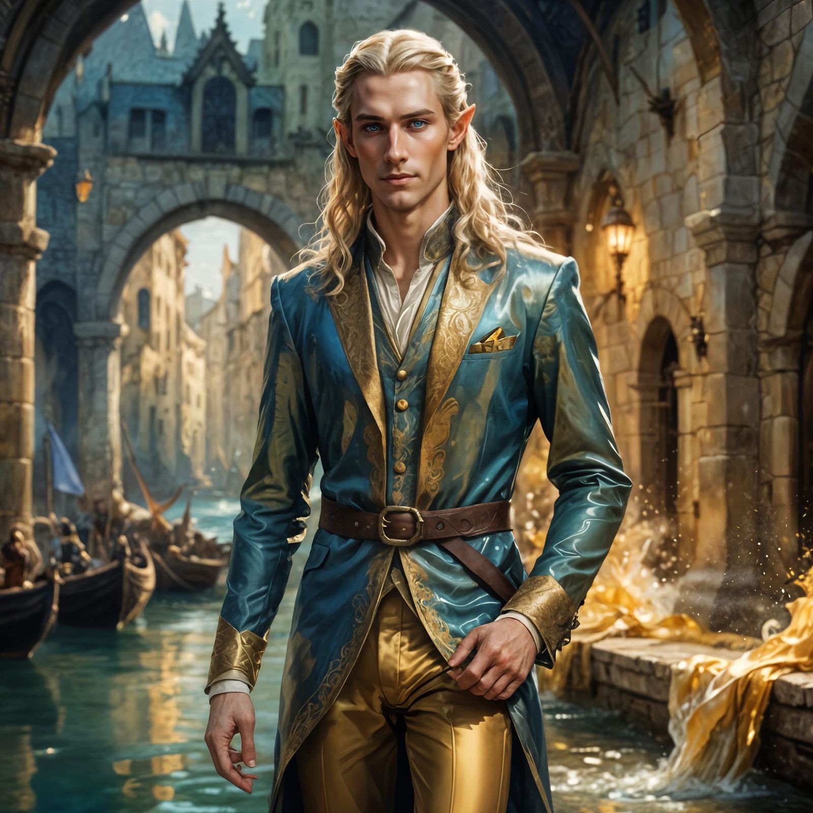 Handsome Elf Dandy in Watercolors by the Port