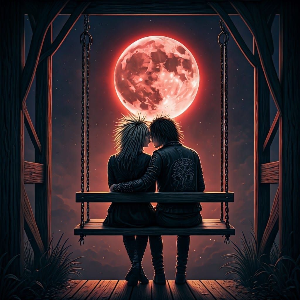 Gothic Couple Embrace Under Red Cosmic Moon