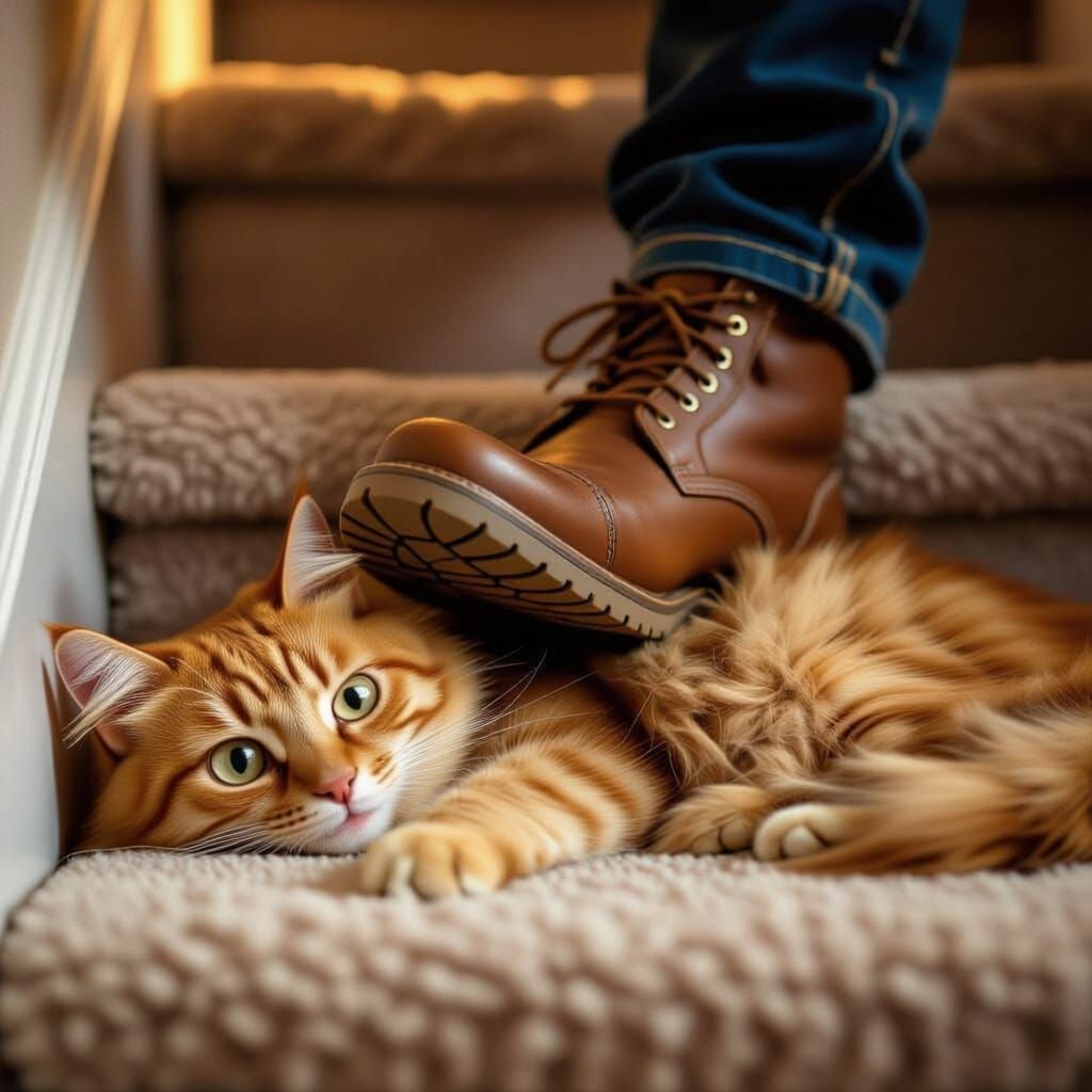 Man's Boot Steps on Sleeping Cat - Macro View