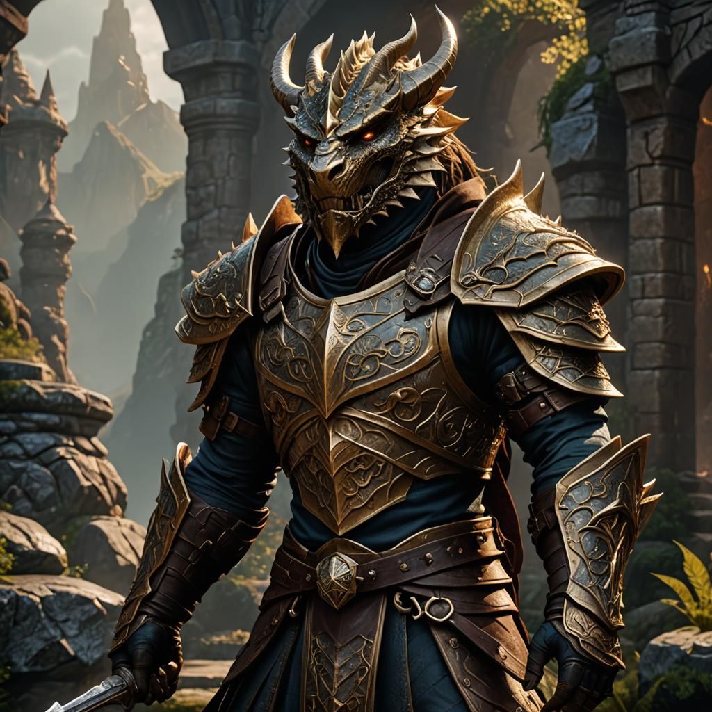 Bronze Dragonborn Ranger in Detailed Fantasy Art