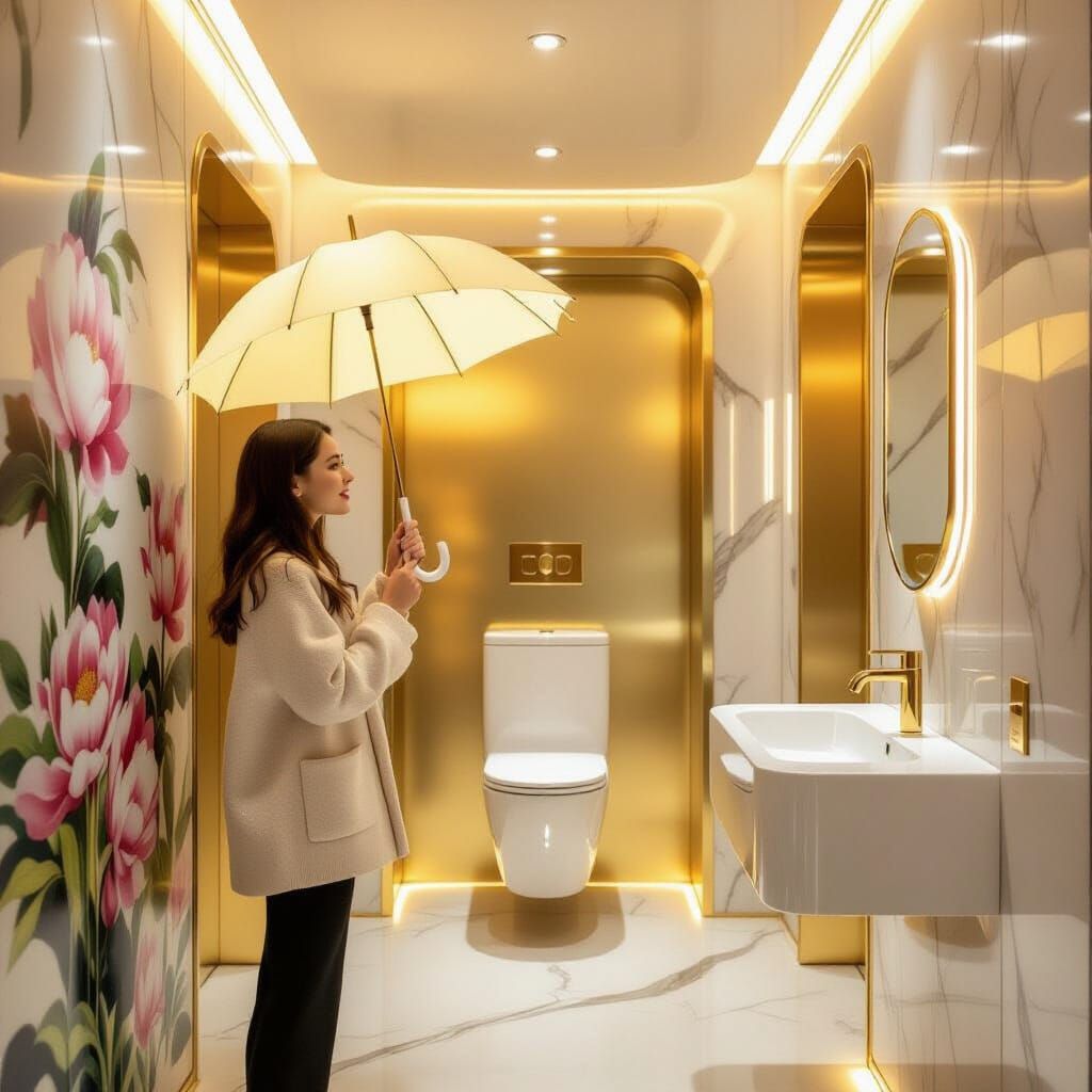 Woman in Clean, Modern Toilet Pavilion with Floral Mural